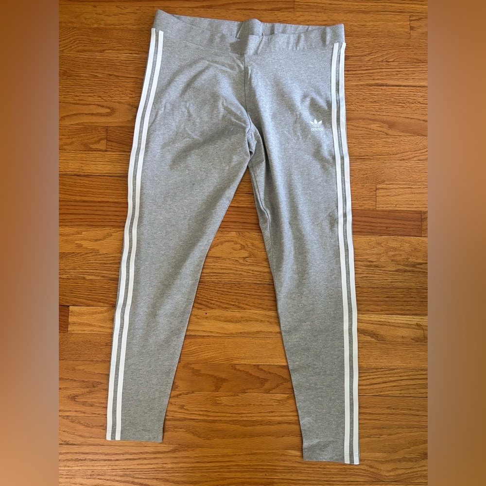 Adidas Leggings Women’s XL Heather Gray Signature Stripes Athletic Tights New